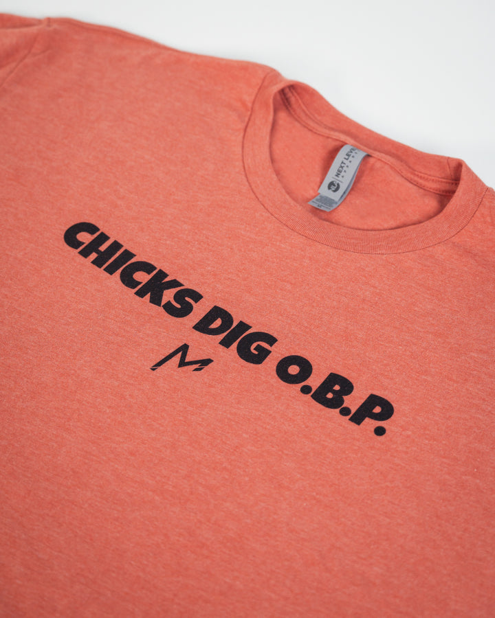 Chicks dig o.p.b front apparel orange up close print