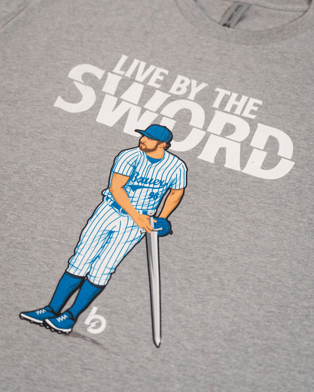 Trevor Bauer Outage Live By The Sword grey tee print up close