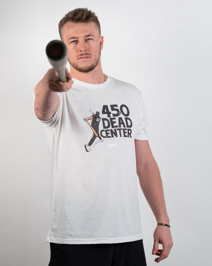 Tosh wearing 450 Dead Center tee holding Juco bat