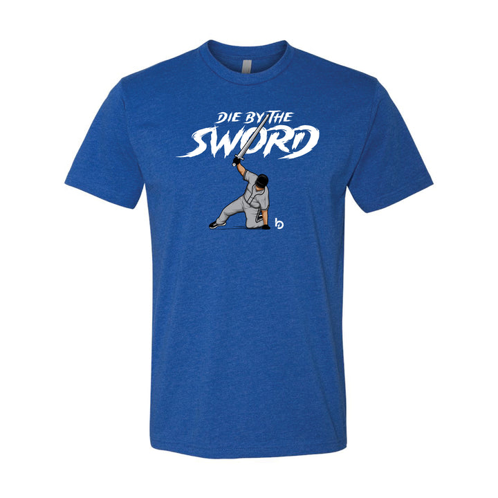 Trevor Bauer Outage Die By The Sword Blue Tee front