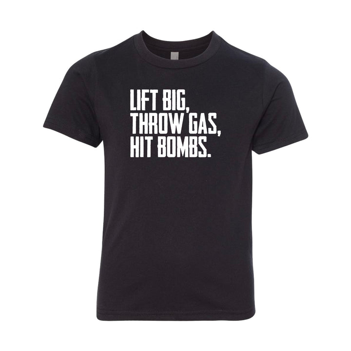 Eric Sim King of Juco Lift Big Throw Gas Hit Bombs tee black youth front