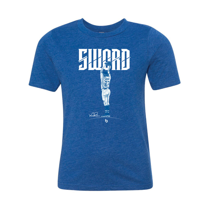 Trevor Bauer Outage sword tee youth blue front